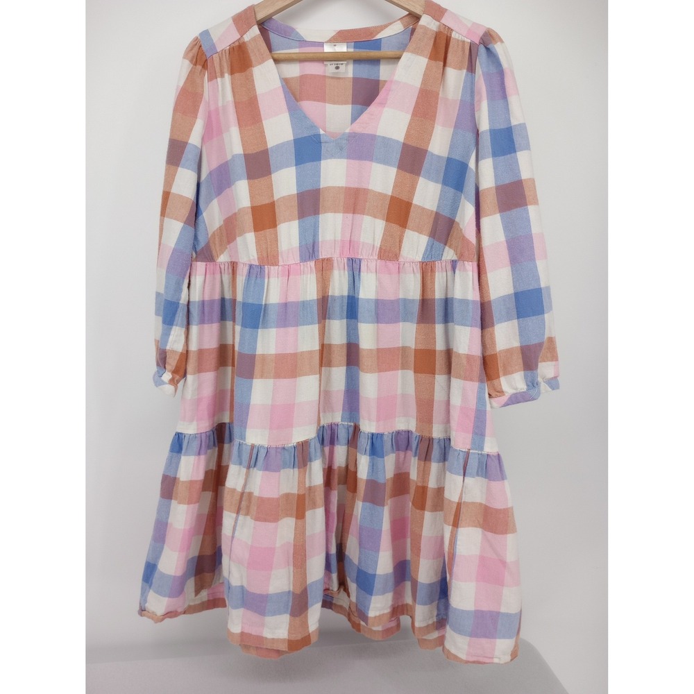 Hanna Andersson Tiered A Line Dress Womens XS Multi Gingham Balloon Sleeve